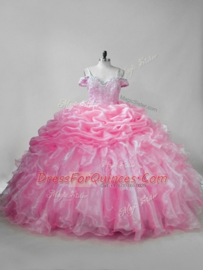 Pink Straps Neckline Beading and Ruffles and Pick Ups Quinceanera Gowns Sleeveless Lace Up