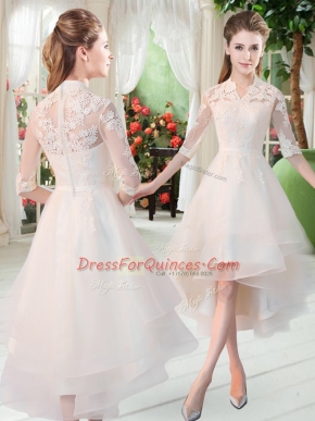 Sophisticated White A-line High-neck Half Sleeves Tulle High Low Zipper Appliques Prom Dresses