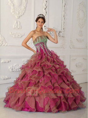 Fuchsia Ball Gown Strapless Quinceanera Dress with Organza Beading and Appliques
