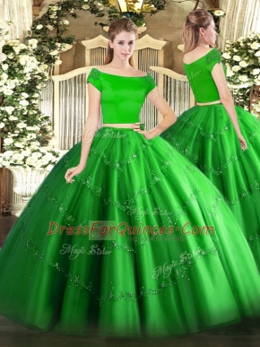 Floor Length Green Ball Gown Prom Dress Off The Shoulder Short Sleeves Zipper