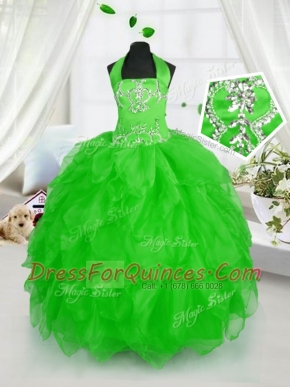 Captivating Ball Gowns Little Girls Pageant Dress Halter Top Organza Sleeveless Floor Length Lace Up