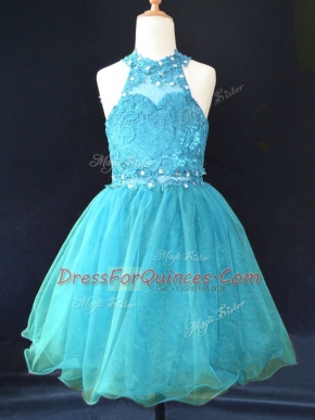 Aqua Blue Organza Lace Up Little Girls Pageant Gowns Sleeveless Mini Length Beading and Lace