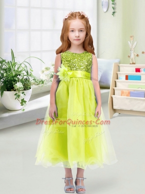Amazing Organza Sleeveless Tea Length Flower Girl Dress and Sequins and Hand Made Flower