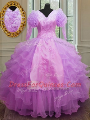 Long Sleeves Organza Floor Length Zipper Ball Gown Prom Dress in Lilac with Ruffled Layers