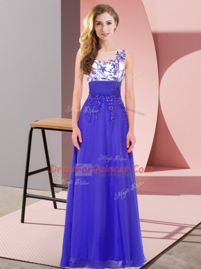 Adorable Blue Backless Scoop Appliques Quinceanera Court Dresses Chiffon Sleeveless