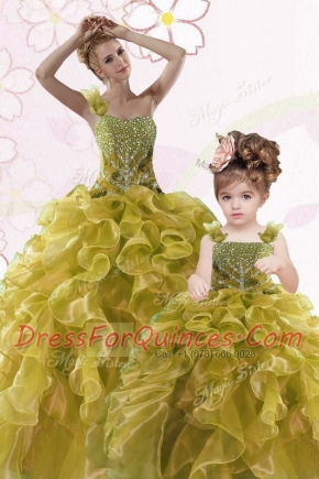 Hot Sale Olive Green Lace Up Ball Gown Prom Dress Beading and Ruffles Sleeveless Floor Length