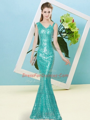 Floor Length Teal Prom Evening Gown Sequined Sleeveless Sequins