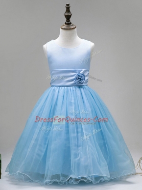 Popular Floor Length Baby Blue Toddler Flower Girl Dress Tulle Sleeveless Hand Made Flower