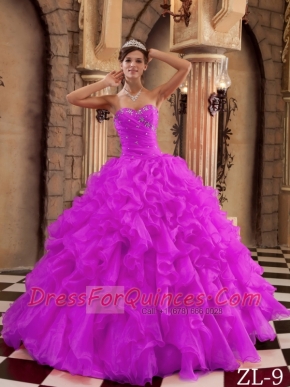 Sweetheart Ball Gown Beading Ruffles Organza Fuchsia Best Quinceanera Dresses