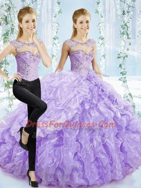 Smart Organza Sweetheart Sleeveless Brush Train Lace Up Beading and Pick Ups Sweet 16 Dress in Lavender