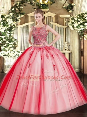 Comfortable Coral Red Tulle Lace Up Scoop Sleeveless Floor Length Ball Gown Prom Dress Beading and Appliques
