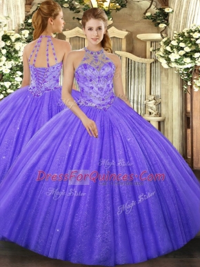 Custom Design Lavender Tulle Lace Up Quinceanera Dresses Sleeveless Floor Length Beading and Embroidery