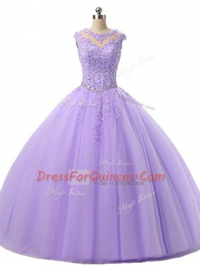 Lavender Lace Up Quinceanera Gown Beading and Lace Sleeveless Floor Length
