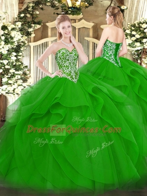 High End Sweetheart Sleeveless Lace Up Quince Ball Gowns Green Tulle