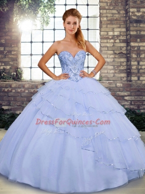 Cute Beading and Ruffled Layers Quinceanera Gowns Lavender Lace Up Sleeveless Brush Train