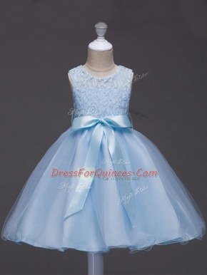 Tulle Scoop Sleeveless Zipper Lace and Belt Flower Girl Dresses for Less in Light Blue