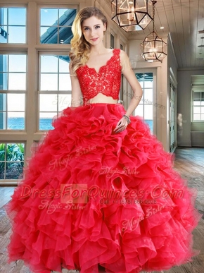 Red Organza Zipper V-neck Sleeveless Floor Length 15 Quinceanera Dress Lace and Ruffles