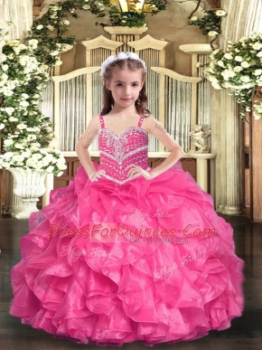 Eye-catching Hot Pink Ball Gowns Organza Straps Sleeveless Beading and Ruffles Floor Length Lace Up Pageant Dress