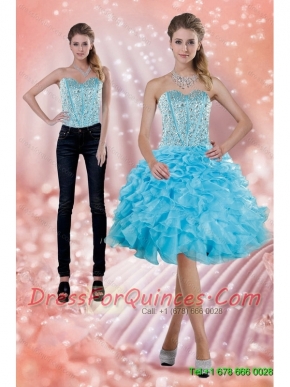 2015 Detachable Fitting Baby Blue Prom Dress with Beading and Ruffles