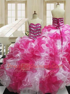 Pink And White Ball Gowns Organza Sweetheart Sleeveless Beading and Ruffles Floor Length Lace Up Quince Ball Gowns