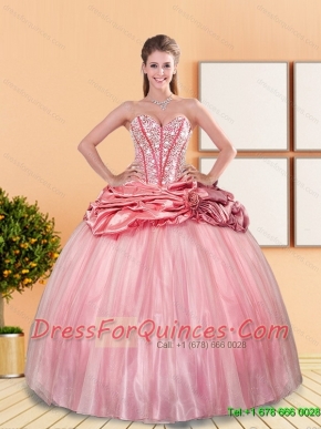Beautiful 2015 Beading and Pick Ups Sweetheart Quinceanera Dresses in Rose Pink