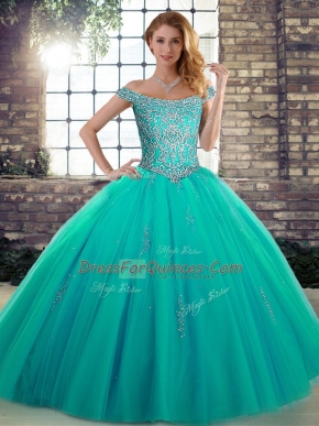 Sleeveless Floor Length Beading Lace Up Ball Gown Prom Dress with Turquoise