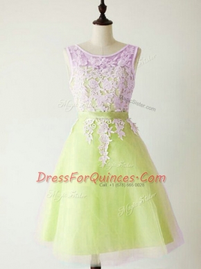 Flirting Knee Length A-line Sleeveless Yellow Green Court Dresses for Sweet 16 Lace Up