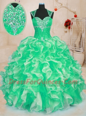 Cheap Floor Length Green Quinceanera Dresses Organza Sleeveless Beading and Ruffles