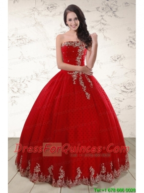 Elegant Red Strapless 2015 Quinceanera Dresses with Appliques