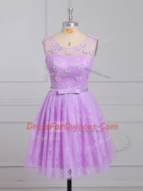 Popular Lace Scoop Sleeveless Lace Up Appliques and Belt Vestidos de Damas in Lilac