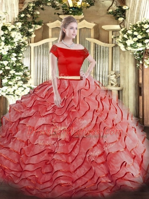 Fancy Coral Red Two Pieces Tulle Off The Shoulder Short Sleeves Ruffled Layers Zipper 15th Birthday Dress Brush Train
