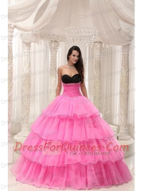 Quinceanera Dress Rose Pink Sweetheart Beaded and Layers Ball Gown  Taffeta and Organza