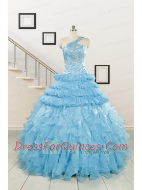2015 Baby Blue One Shoulder Sweet 15 Dresses with Beading