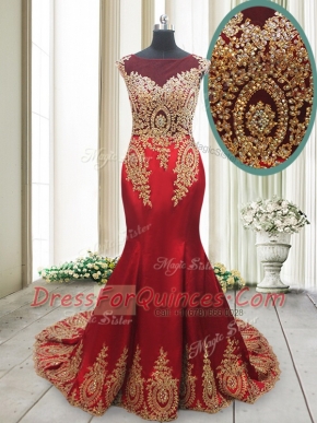Attractive Mermaid Scoop Cap Sleeves Elastic Woven Satin With Brush Train Side Zipper Prom Dress in Red with Appliques