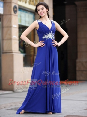 Pretty Blue Zipper Prom Gown Beading and Appliques and Ruching Sleeveless Floor Length