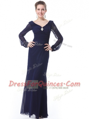 High End Navy Blue V-neck Side Zipper Ruching Long Sleeves