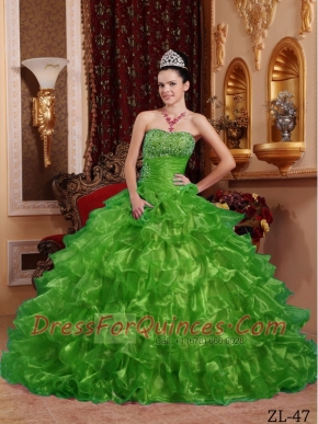 Pretty Ruffles Strapless Organza Beading Ball Gown Dress in Green