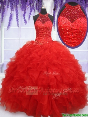 2017 High End See Through Halter Top Red Sweet 16 Dress with Beading and Ruffles