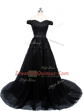 Stylish Off The Shoulder Sleeveless Brush Train Lace Up Evening Dress Black Tulle