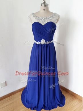Custom Fit Royal Blue Zipper Scoop Beading and Ruching Prom Dress Chiffon Short Sleeves