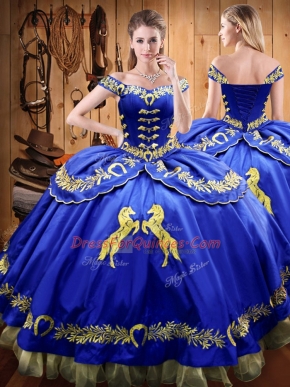 Popular Beading and Embroidery Quinceanera Gowns Royal Blue Lace Up Sleeveless Floor Length