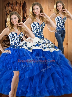 Elegant Blue Sweetheart Lace Up Embroidery and Ruffles 15th Birthday Dress Sleeveless