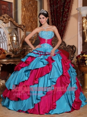 Aqua Blue and Red Ball Gown Strapless Floor-length Taffeta Embroidery Quinceanera Dress