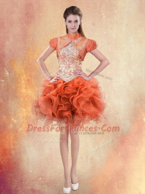 Elegant Orange Red Straps Lace Up Beading and Ruffles Evening Dress Sleeveless