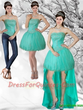 Detachable Apple Green Strapess High Low Prom Dresses with Beading