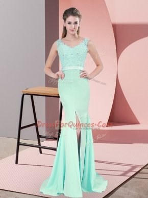 Noble Chiffon V-neck Sleeveless Sweep Train Zipper Beading and Lace and Appliques Party Dress for Girls in Apple Green