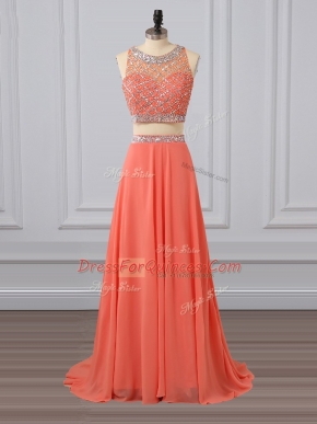Two Pieces Sleeveless Watermelon Red Evening Dress Brush Train Zipper