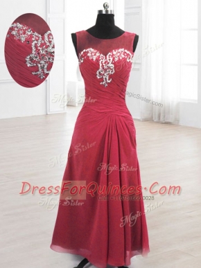 Scoop Sleeveless Lace Up Floor Length Beading and Ruching Prom Evening Gown