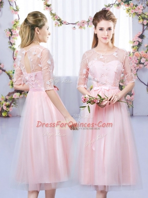 Baby Pink Half Sleeves Tea Length Lace and Belt Lace Up Quinceanera Court Dresses