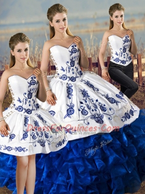 Pretty Blue And White Lace Up 15 Quinceanera Dress Embroidery and Ruffles Sleeveless Floor Length